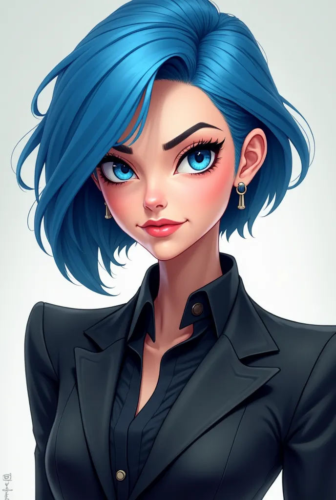 Cartoon blue-haired woman with blue eyes wearing black suit