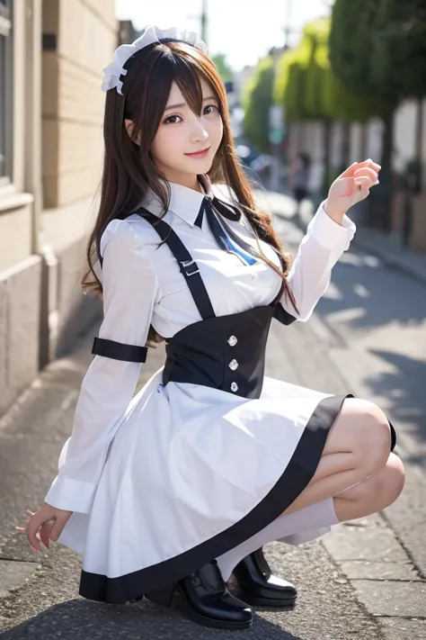  Realistic Photo Quality 、青と白の dressと黒い手袋をはめた女性がいます,  Anime Girl Cosplay ,  Anime Cosplay ,  Cosplay Photo,   Professional Cosplay , costume with line art blue accents ,   Elegant Glamorous Cosplay , Maid! dress、 looking at camera、Detailed and beautiful ey...