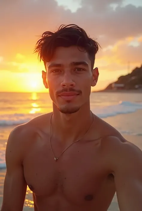 Selfie, young, slim man sitting on beach in beachwear, dark short hair, latino. in the background sea and sunset.