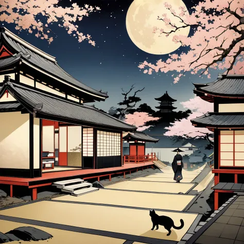  ukiyo-e illustration, Golden Road 、Gold Leaf、 Japanese Scenery , Japanese House , Cherry Tree, night、 Maiko in the back、Black Cat、Heian-kyo、 ink painting、Big Moon、







