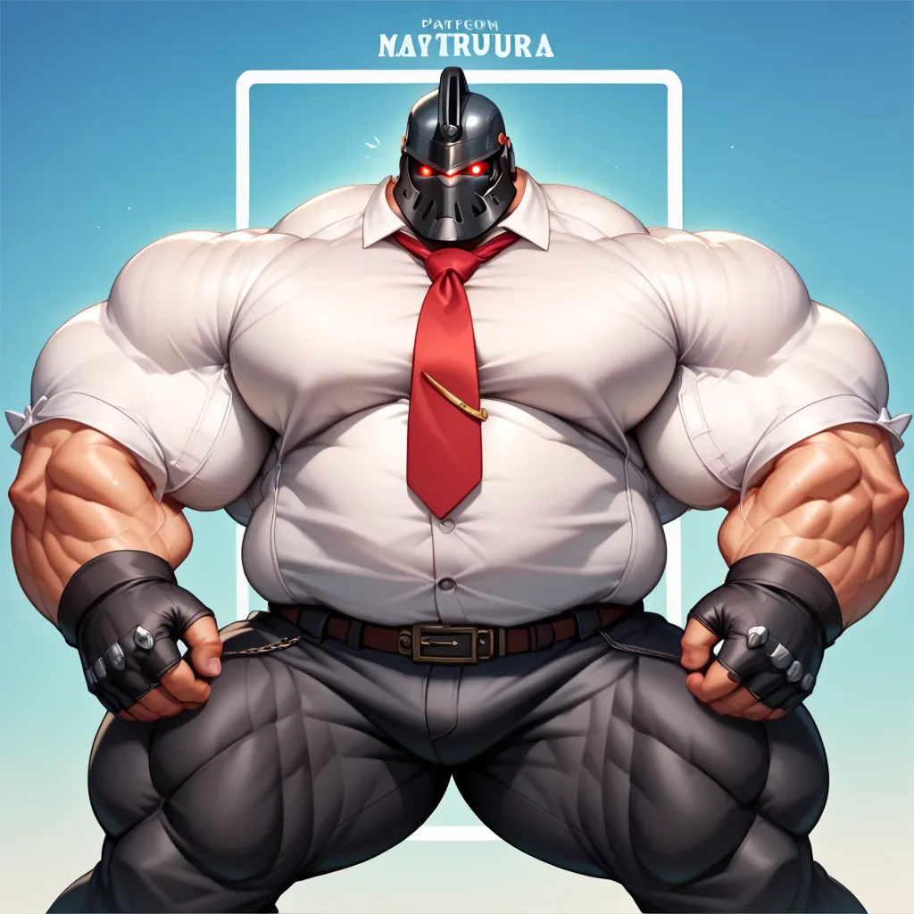 a man with a big giant musclegut tall wide body and big round gut using tuxedo, white shirt, red tie, black pants, black gloves and robot helmet which cover every of his face. standing still, solo, very big body, very tall body, very wide body, very muscul...