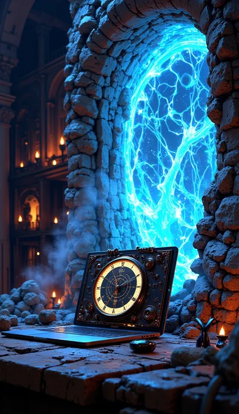 a steam Macbook coming out of a portal. the macbook has a clock on its front. the portal it comes out from is magical and glows brightly.