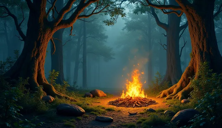 A crackling campfire in a deep forest, casting shadows.