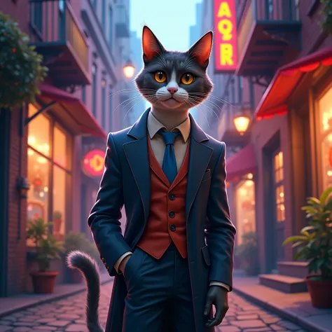 Réel, style film d'animation, un chat humanoïde habillé en gangster, détails, ruelle de new york, couleurs claires, féerique 