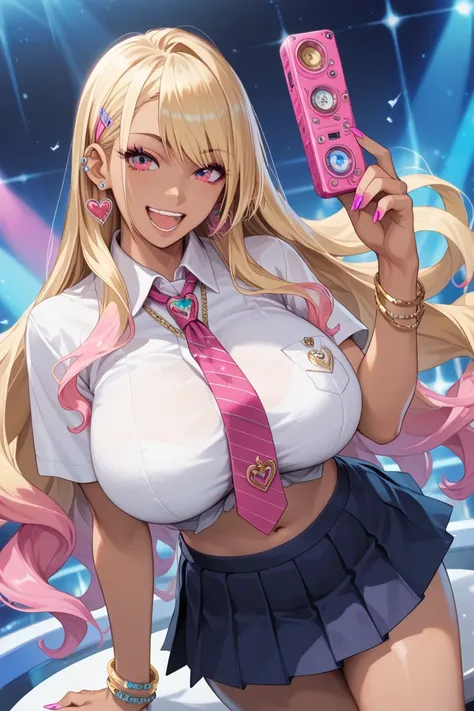 KJOmarin,   Blonde Hair, long hair,  Pink eyes ,  Earrings, Ear piercing, Multi-Color Hair , score_9, score_8_up, score_7_up, source_animation,  Masterpiece, best quality , huge breasts,  shirt collar ,  Tie Top , Pleated Skirt,  Gorgeous and Unreal Repair...