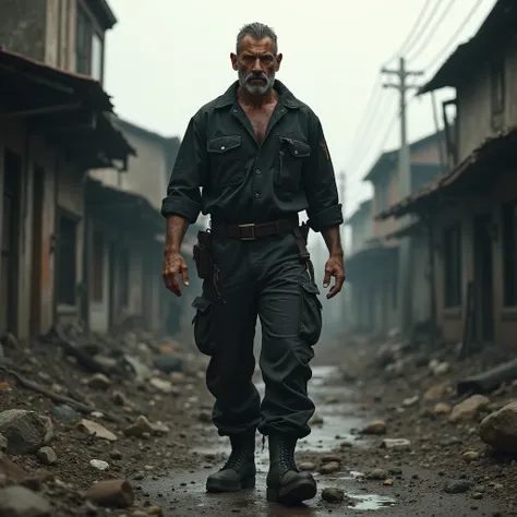 A man with black sweat and brown pant , black military boots, in post apocalypse little town
