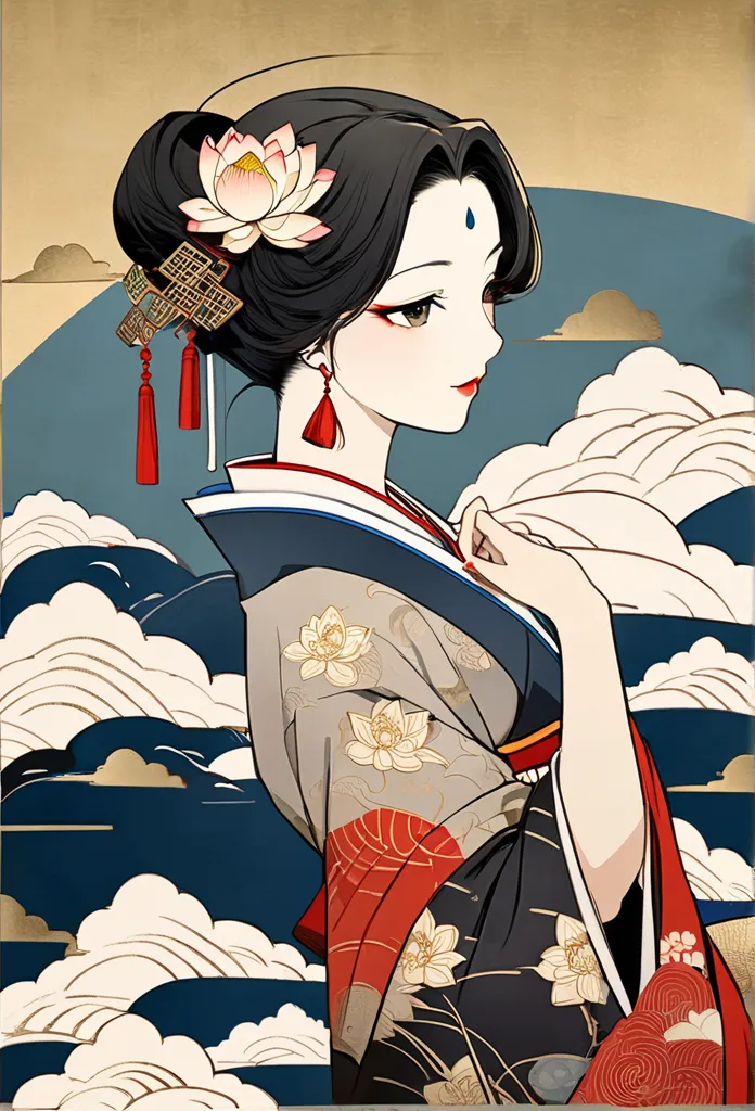  ukiyo-e、日本のgod話,    inspired by India, ,    On top   , Quiet look,  Ink painting, lotus, Chinese painting style,  tanker style 、Beautiful courtesan、 Above the Clouds、    amazing、god々Shine、 gold,    