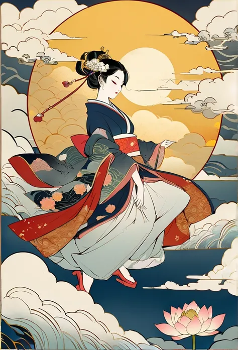  ukiyo-e、日本のgod話,    inspired by India, ,    On top   , Quiet look,  Ink painting, lotus, Chinese painting style,  tanker style 、Beautiful courtesan、 Above the Clouds、    amazing、god々Shine、 gold,    