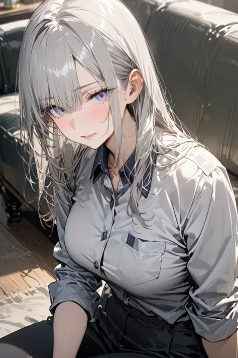 +masterpiece,  are of the best quality,  looks super detailed , A female student,  pretty face , Rich details, (  long gray hair  ),  Perfect Face , Work clothes, Sitting, close up, Shabby sofa