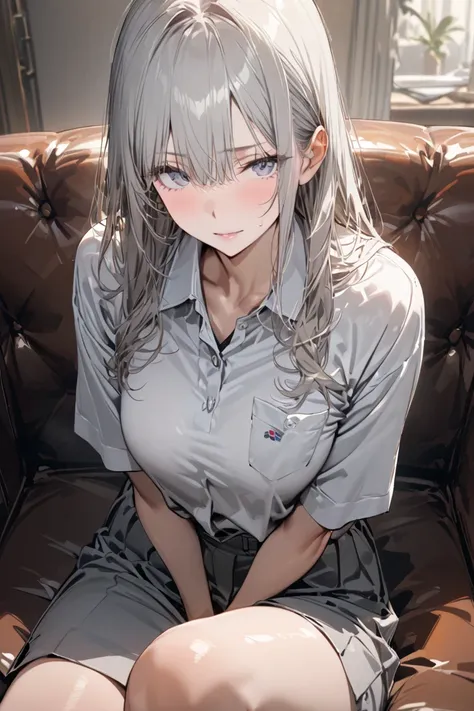 +masterpiece,  are of the best quality,  looks super detailed , A female student,  pretty face , Rich details, (  long gray hair  ),  Perfect Face , Work clothes, Sitting, close up, Shabby sofa