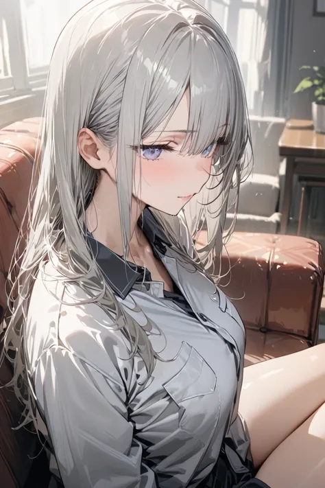 +masterpiece,  are of the best quality,  looks super detailed , A female student,  pretty face , Rich details, (  long gray hair  ),  Perfect Face , Work clothes, Sitting, close up, Shabby sofa