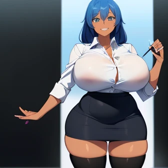 （   woman 1 person:1.1），       masterpiece，       top quality ，(              anatomically accurate         :1.2),   Adult female anime      ，（    long sky blue hair   ,   white shirt, black mini pencil skirt,  Black Knee High Stockings , Brown skin:1.2), ...