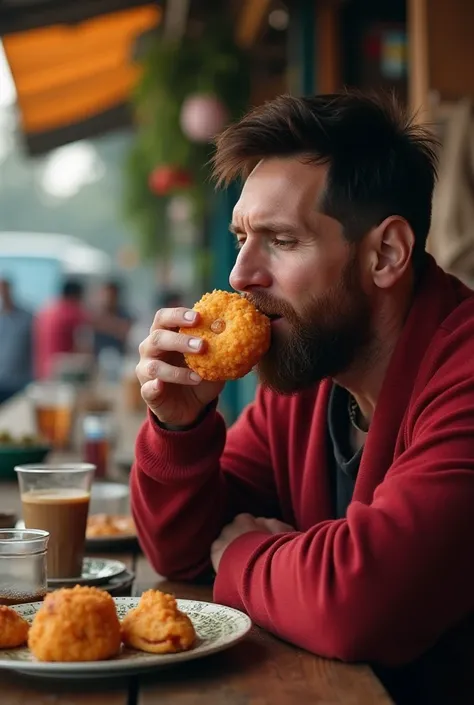 Messi sits at a small roadside tea shop, drinking chai in slow motion, as locals whisper in disbelief.

The tea master dramatically pours chai from a great height while looking at Messi in awe.

Messi bites into a gigantic, glowing pazham pori, making his ...