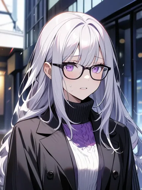 1 woman, long hair, white hair, bright purple highlights, purple eyes, beautiful appearance, black suit, cold face, glasses