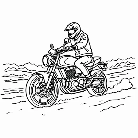 Draw a motorcycle with a motorcyclist,  black and white as a 's coloring book, veptor drawing , remove the fill, leave only the outline, add a simple background , like a city or mountains or a forest, also just the outline