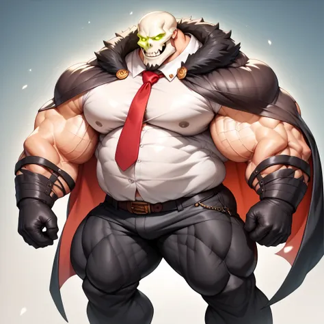 a man with a big giant musclegut tall wide body and big round gut using black cape, white shirt, red tie, black pants, black gloves and skeleton headwhich cover every of his face. standing still, solo, very big body, very tall body, very wide body, very mu...