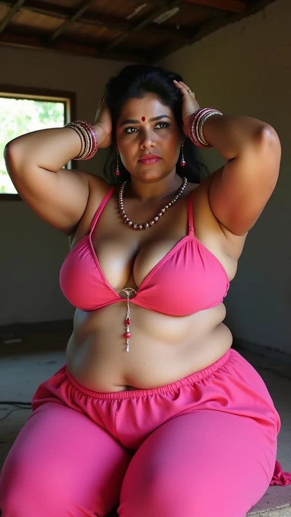 photo of Voluptuous Mature plus size Indian cute Bengali Aunty with dusky skin, wearing Pink panty and bra, showing her large U cut Cleavage, Red Sindoor on her forehead, Shakha Pola bangles in her hand, Hair messed up, nice curves, sitting on hut, sensual...