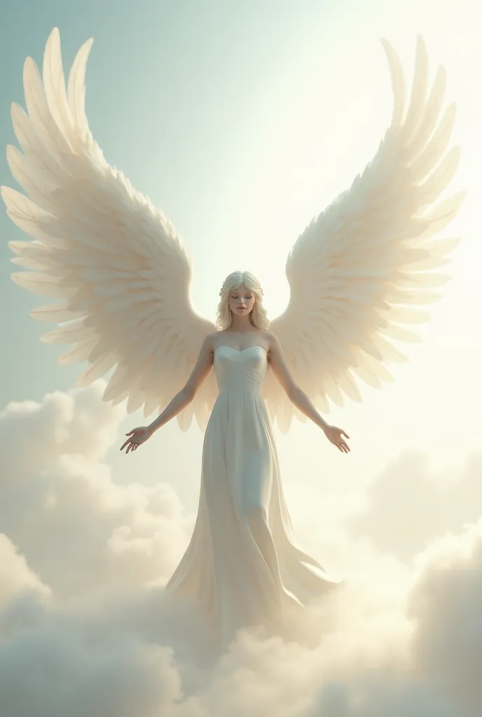 Generate an animation where an angel flutters its big white wings,  realism