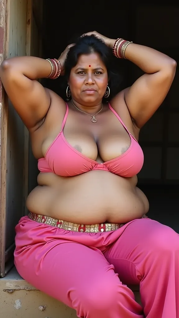 photo of Voluptuous Mature plus size Indian cute Bengali Aunty with dusky skin, wearing Pink panty and bra, showing her large U cut Cleavage, Red Sindoor on her forehead, Shakha Pola bangles in her hand, Hair messed up, nice curves, sitting on hut, sensual...