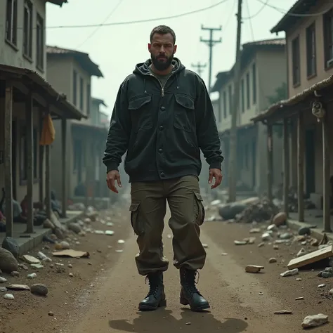 A man with black sweat and brown pant , black military boots, in post apocalypse little town
Cheveux Courts, Cheveux Mèchés, Bouche Fermée, Barbe, De Derrière, Éclairage cinématographique, Apocalypse, Cinéma, Cinématographie, 