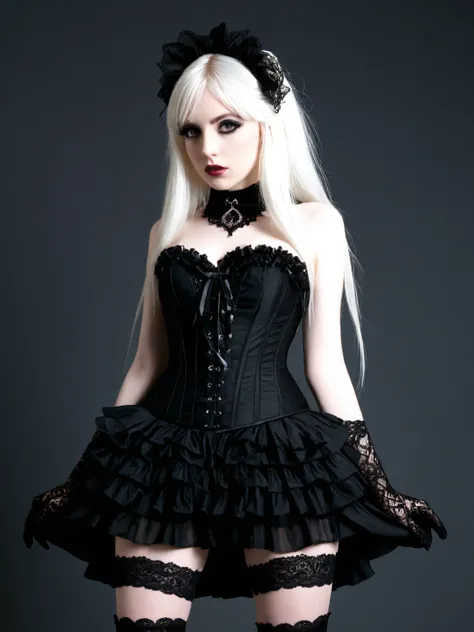 A young woman with very pale skin and long, straight, white hair is shown from the knees up. She is wearing a black, ruffled mini-skirt, black lace gloves that extend to her elbows, and a black corset-like top with thin straps.  The top is sheer, revealing...