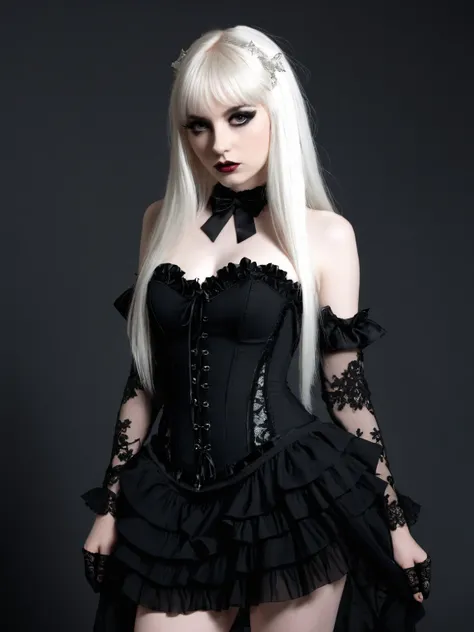 A young woman with very pale skin and long, straight, white hair is shown from the knees up. She is wearing a black, ruffled mini-skirt, black lace gloves that extend to her elbows, and a black corset-like top with thin straps.  The top is sheer, revealing...