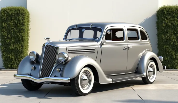 
"A highly detailed, realistic render of a Ford sedan car from the 1936, finished in elegant metallic silver. The image is captured from a straight right side -facing angle, showcasing the tall, vertical chrome grille with a classic hood ornament, large ro...