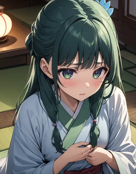 nsfw, masterpiece, top quality, high res, highly detailed ,dawn_\( Pokemon \),Green Eyes, Green Hair,  long hair,  side lock,  hair clips,High-quality yukata, Embarrassing,,Night stay,Japanese-style room,tatami,(hypnotism),(brainwashing)