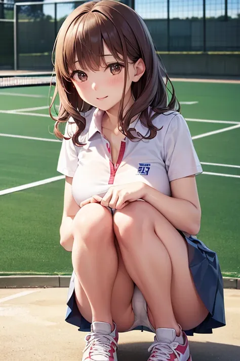 ((table top, highest quality, High resolution, perfect pixel, 4k,)), 1 girl, single, alone, Beautiful woman、I could see the whole body、 ((short wavy hair, bangs, brown hair)), ((brown eyes, beautiful eyelashes, realistic eyes)), ((detailed face, blush:1.2)...