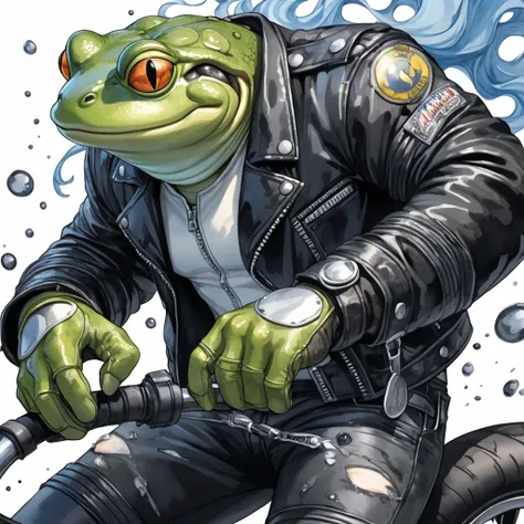 Closeup, Watercolor, digital comic book art style, (best quality), {masterpiece}, {very detailed}, {super detailed}, {high resolution}, {absurd}, an extremely badass anthropomorphic light blue and white bullfrog wearing an insanely cool black leather biker...