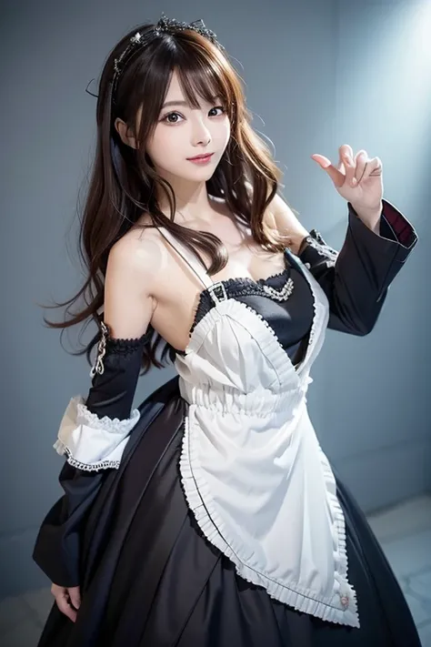  Realistic Photo Quality 、青と白の dressと黒い手袋をはめた女性がいます,  Anime Girl Cosplay ,  Anime Cosplay ,  Cosplay Photo,   Professional Cosplay , costume with line art blue accents ,   Elegant Glamorous Cosplay , Maid! dress、 looking at camera、Detailed and beautiful ey...