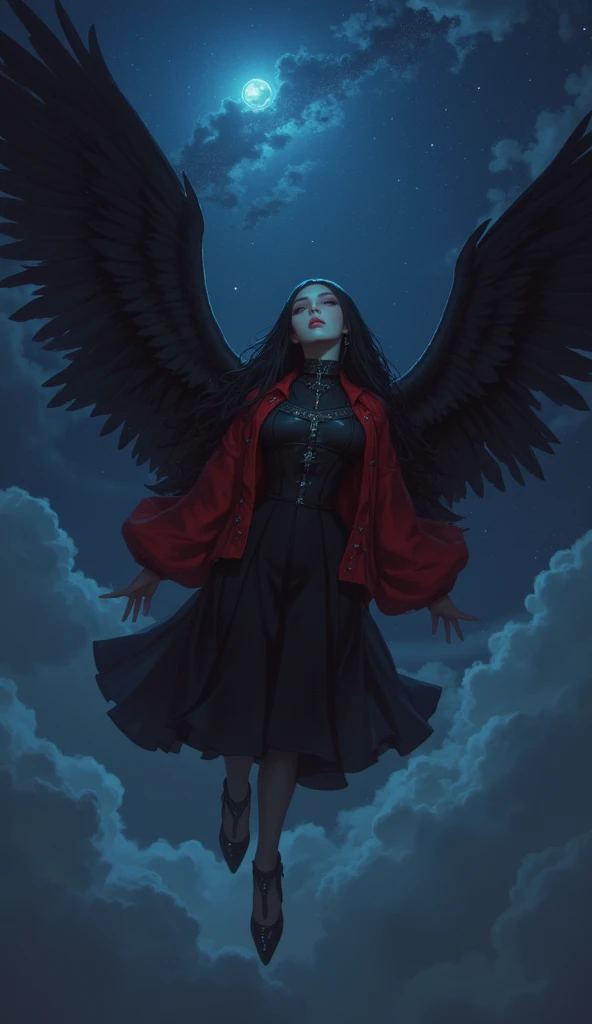  The image of a blue-eyed woman ,  long black hair, flushed skin,  Full lips,  full body image,. she wears a red jacket over a black dress, In the Hopefully style that falls ,  black high heels , She is flying upwards towards the dark night sky ,  on her b...