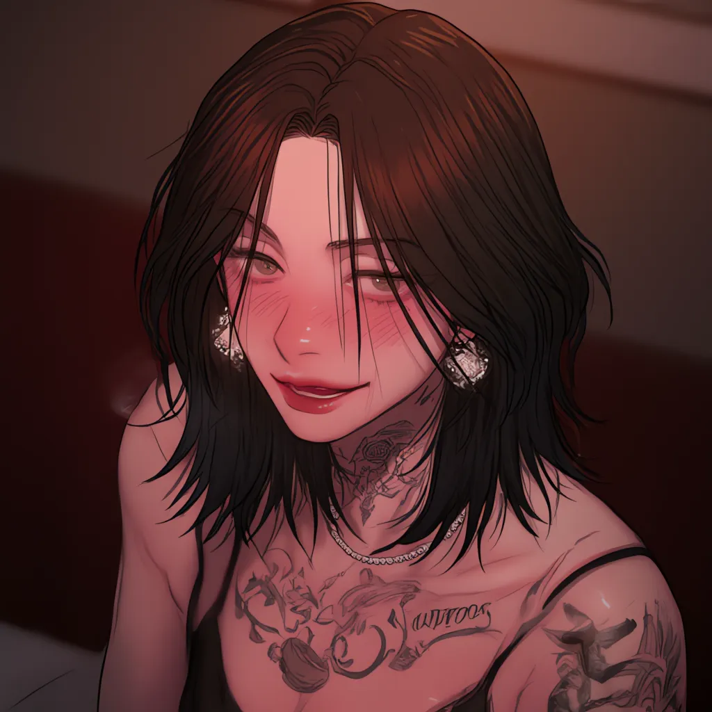 1 woman, shoulder length black layered hair, wears a sleeveless blouse, has tattoos on her neck, chest and arms, glossy red lips, shiny skin, detailed green eyes, ironic smiling, tattoos on the neck, tattoos on the body , adult woman 