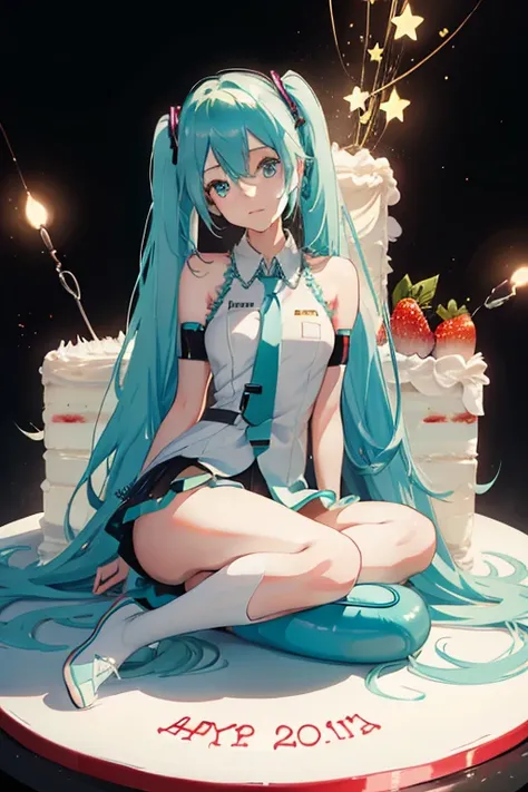 Hatsune Miku sits on a huge creamy birthday cake，The birthday cake is lit with colorful birthday candles，happy birthay，ssmile，exquisite facial features，Elaborate Eyes，Gentle and shy face，Peerless beautiful girl，Advancedsense，Hold the strawberry between the...