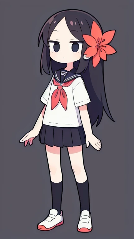 ((Best masterpiece, Perfect quality, Ultra detailed)), A slender girl, With black hair, Straight hair, Black eyes, Putting on a school uniform, Standing by a flower pod