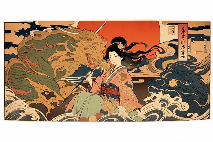  ukiyo-e、 Japanese God、insufficient々、 Light Emitting Wand 、 Mysterious Goddesses   、 ukiyo-e,    Golden Cloud   、Fallen Monster 、Disheveled Hair, 