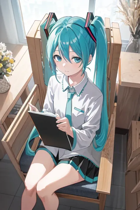 a woman with long blue hair sitting on a chair in front of a window, hatsune miku portrait, mikudayo, high detailed official artwork, portrait of hatsune miku, hatsune miku, hd artwork, miku, trending on artstation pixiv, pixiv, popular on pixiv, pixiv 3dc...