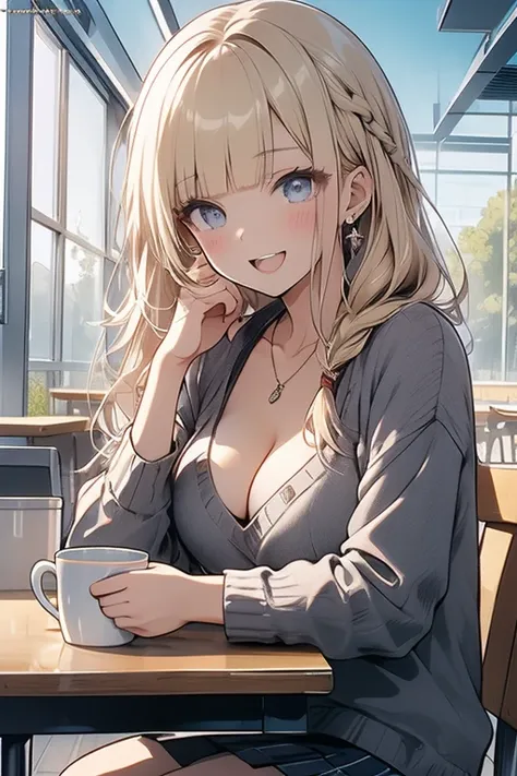 Adult Woman,  Lori face, (masutepiece:1.2, Best Quality), (finely detailed beautiful eye: 1.2), (beautifull detailed face), (perky chest:1.2), (pointed chest:1.1), (cafeteria magazine cover:1.5)，blonde hair, absurdly long hair, cleavage, sitting on chair, ...