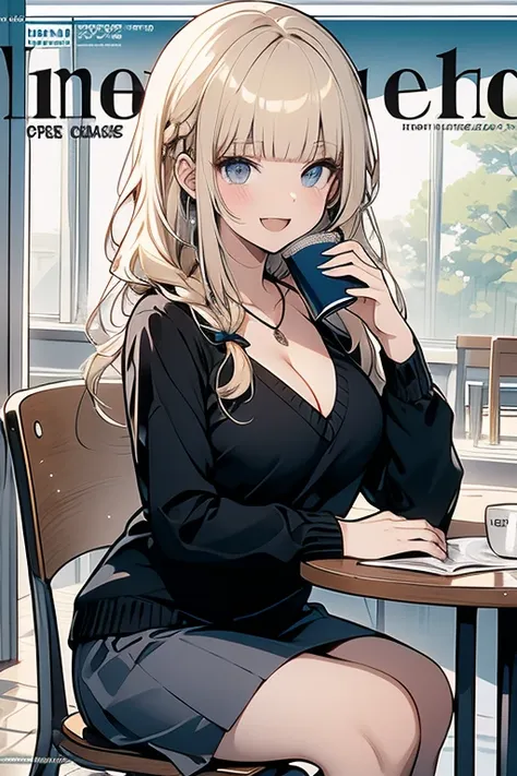 Adult Woman,  Lori face, (masutepiece:1.2, Best Quality), (finely detailed beautiful eye: 1.2), (beautifull detailed face), (perky chest:1.2), (pointed chest:1.1), (cafeteria magazine cover:1.5)，blonde hair, absurdly long hair, cleavage, sitting on chair, ...