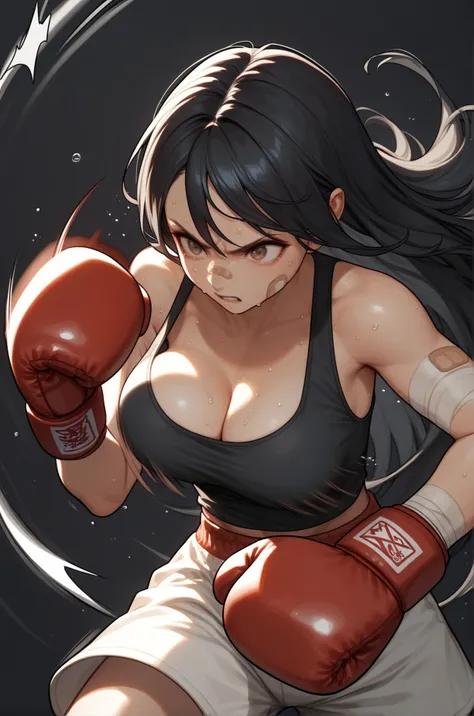 score_9, score_8_up, score_7_up, a gorgeous girl, solo, black hair, long hair, hazel eyes, face bandaid, black tank top, boxing shorts, red boxing gloves, bandage hands, cleavage, bouncing breast, sweat, standing, action pose, upper body, motion blur, (fro...