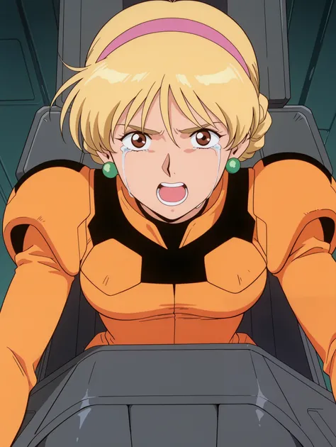 masterpiece, best quality, newest, absurdres, highres, detailed eyes, beautiful, detailed background, perfect eyes, anime coloring, anime screencap, 1990s \(style\), 1girl , Alone, KATEJINA'S STORY. blonde hair, short hair, single bun, french braid, pin...
