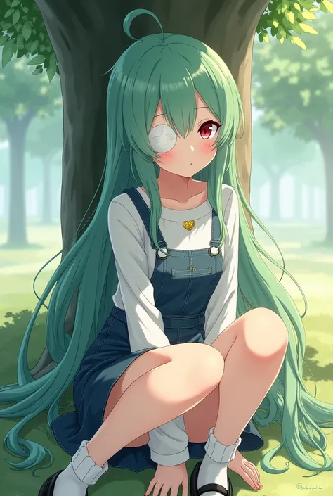 long Greenish hair, red eyes, pale skin, white eyepatch on right eye, small gold heartshaped necklace long sleeved white shirt, Short Navy blue overall jean skirt, white socks, black shoes, sitting under tree, anime girl