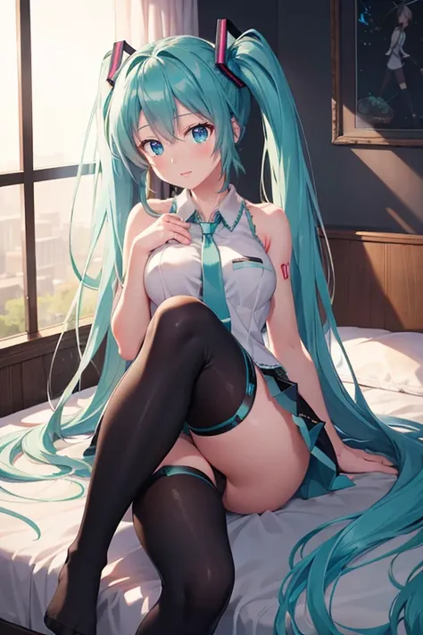 (1 girl),(high quality), (High resolution), (extremely detailed), (8K),(focus on lower body),(CG),(Hatsune Miku)、Gravure idol、Magic Knight、magic swordsman、Magic Mentor、school uniform、sexy panties、(black knee high stockings:1.2)、(nipple shape)、No shoes、(neu...