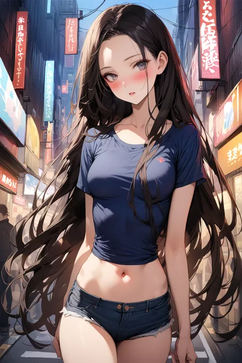 ((masterpiece,Highest quality:1.3,best quality illustration)),realistic,cowboy shot, solo,1woman,(18 year old beauty),((very small head:1.3)),black hair,long hair,forehead,center parted bangs,black eyes,gorgeous big eyes,blush,((very long body,skinny)),med...