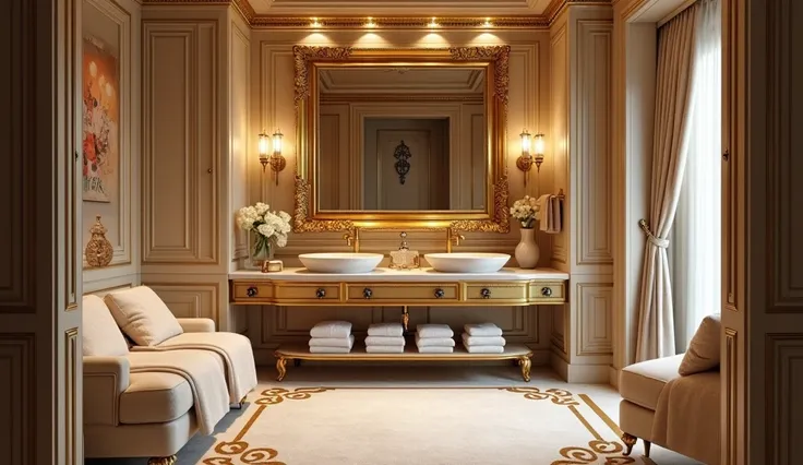  "Create a luxurious bathroom with gold accents, plush towels, and a large mirror."
