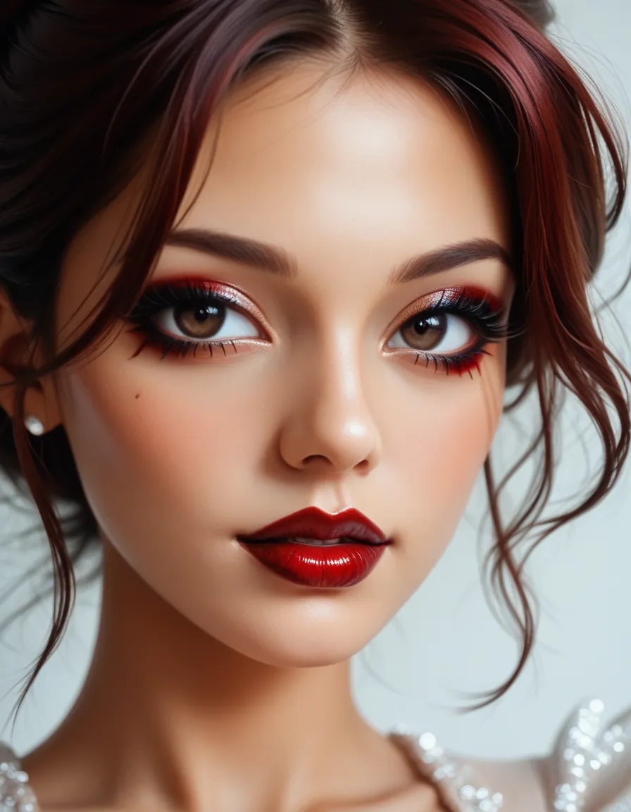   score_9,   score_8_ up,   score_7_ up, (  by Mr. Nomi:1.4),   girl, ¾ views  ,   headshot  ,   22-year-old woman,   beautiful, sweet,   burgundy lipstick,   mascara,   eyeliner,   Dark Eye Shadow  ,   Cinematic Stills ,    high accuracy,  super detailed,...