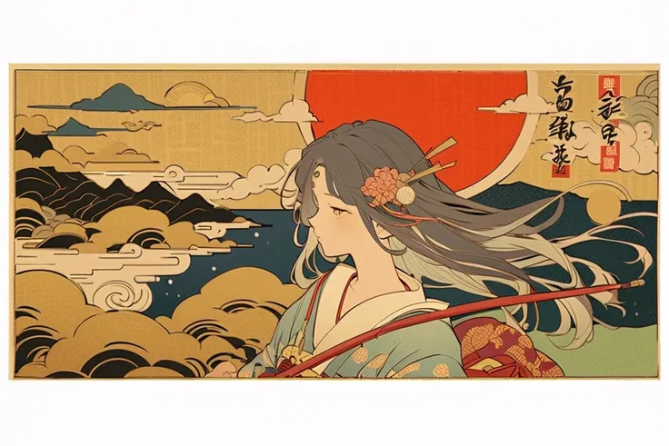  ukiyo-e、 Japanese God、Supreme God、insufficient々、 Light Emitting Wand 、Mysterious and beautiful goddesses  、 ukiyo-e,    Golden Cloud  、Disheveled Hair, Celestial、