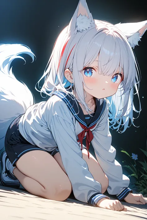 
 1girl , Silver Hair, light blue eyes , fox ears,In the Dark, fox tail ,Sunshine,Full body image
Masterpiece,best quality,amazing quality,（:1.3red streaked hair）red streaked hair