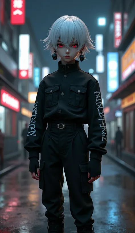 3D anime style, Gothic style,  boy, white hair, red eyes, black skull earrings, full body，indifferent expression, black mask, closed black jacket with stand-up collar, long-sleeved jacket with Gothic writing, the jacket covers the belt, black trousers with...