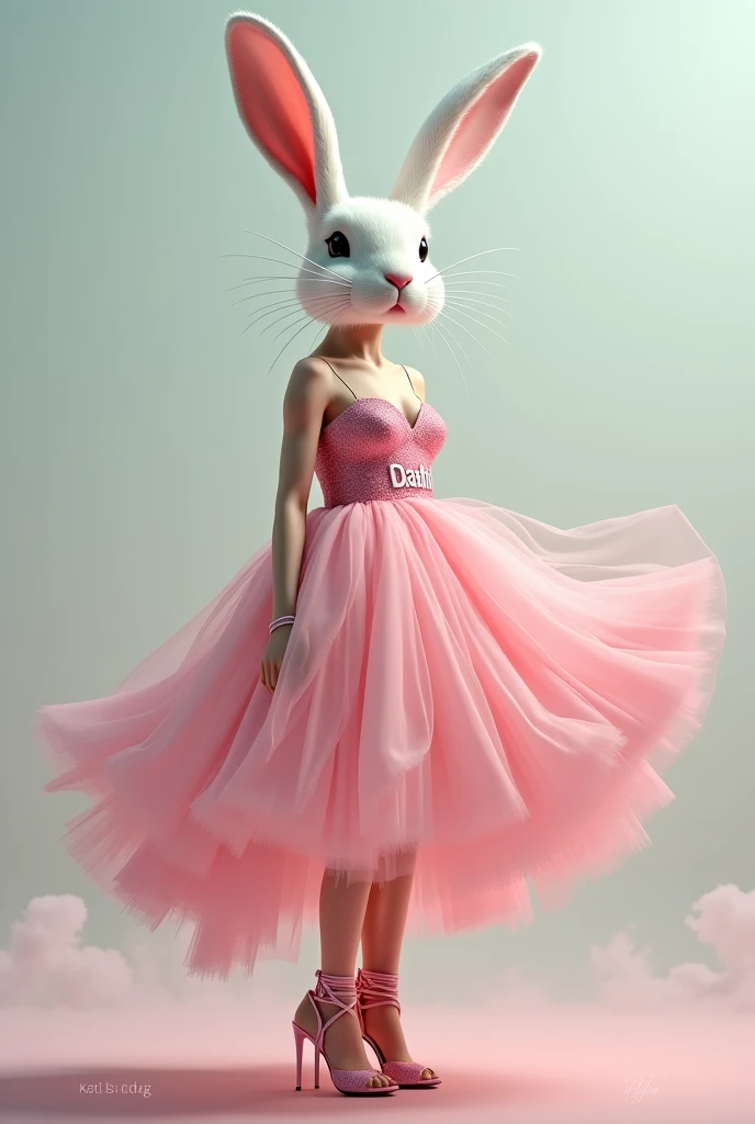 A picture of a woman with a white rabbit head wearing a pink dress with the word DASHTI and high-heeled shoes 